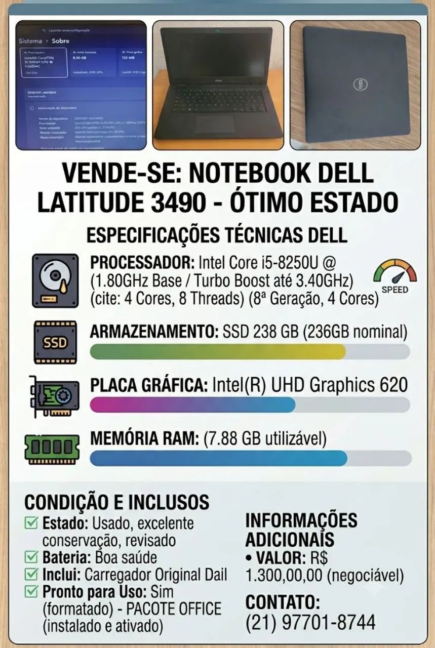 Notebook Dell 3490 8gb de ram ssd nvme 256