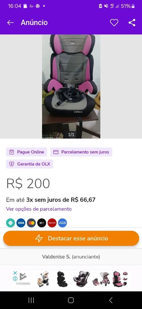 Cadeirinha de automovel marca cosco 