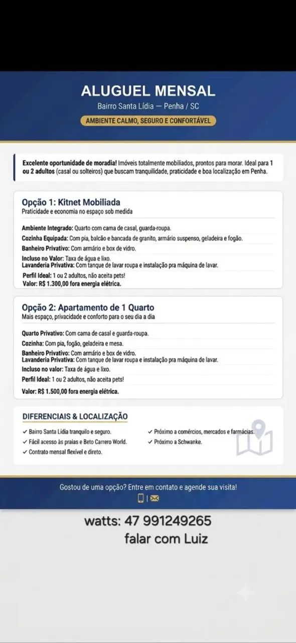 Aluguel de kitnet e apartamento de 1 quarto 