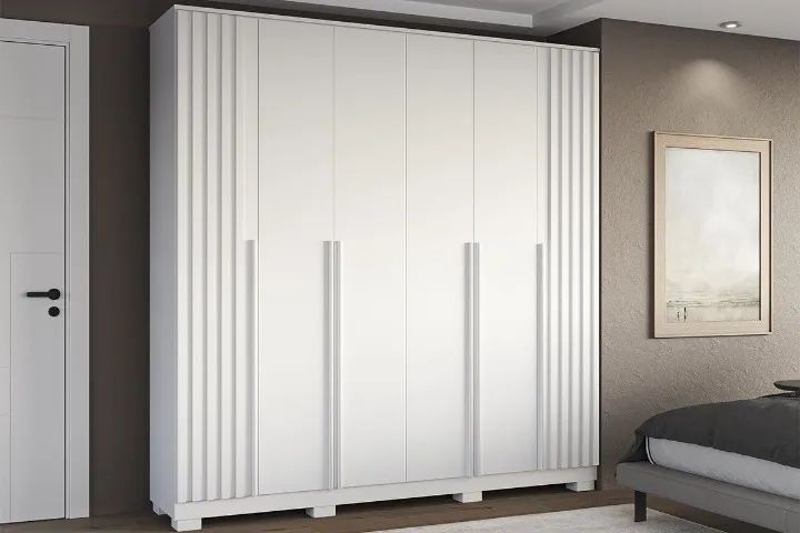 Guarda-Roupa Ripado com 6 Portas Amadeirado Branco