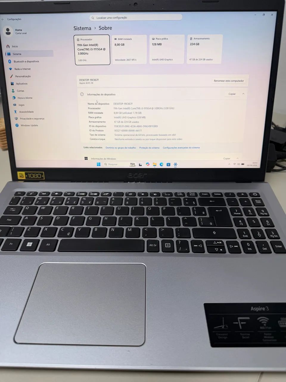 Notebook ACER i3 8g SSD 240 - top