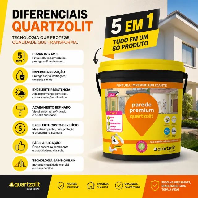 Tinta Impermeabilizante Quartzolit Parede Externa 5x1 Fachada Premium Emborrachada infiltr - Foto 2