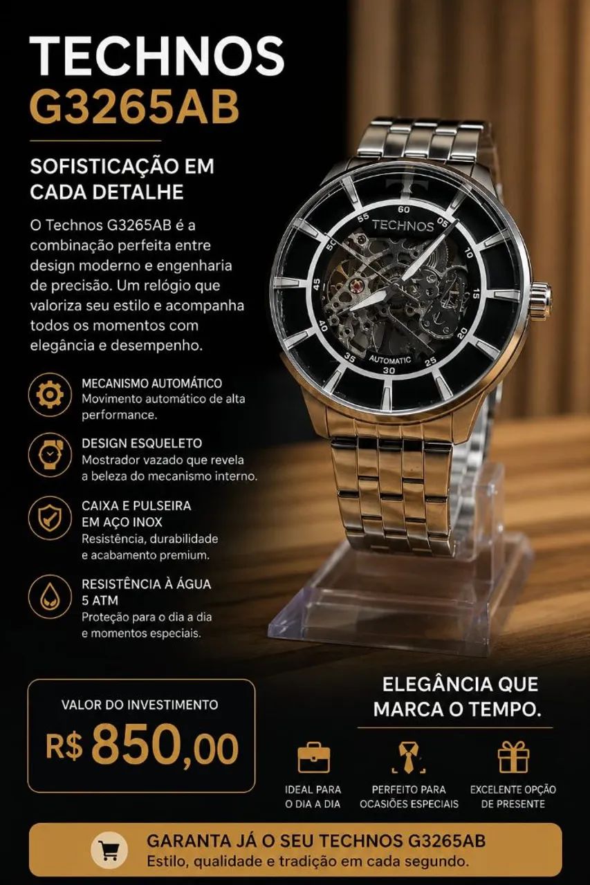 Relógio Technos esqueleto G3265AB