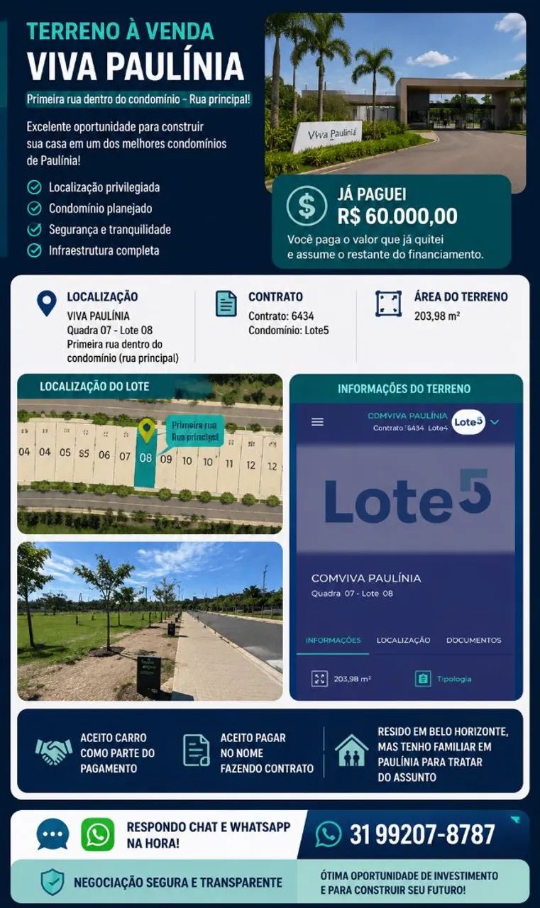 TERRENO À VENDA - COMVIVA PAULÍNIA