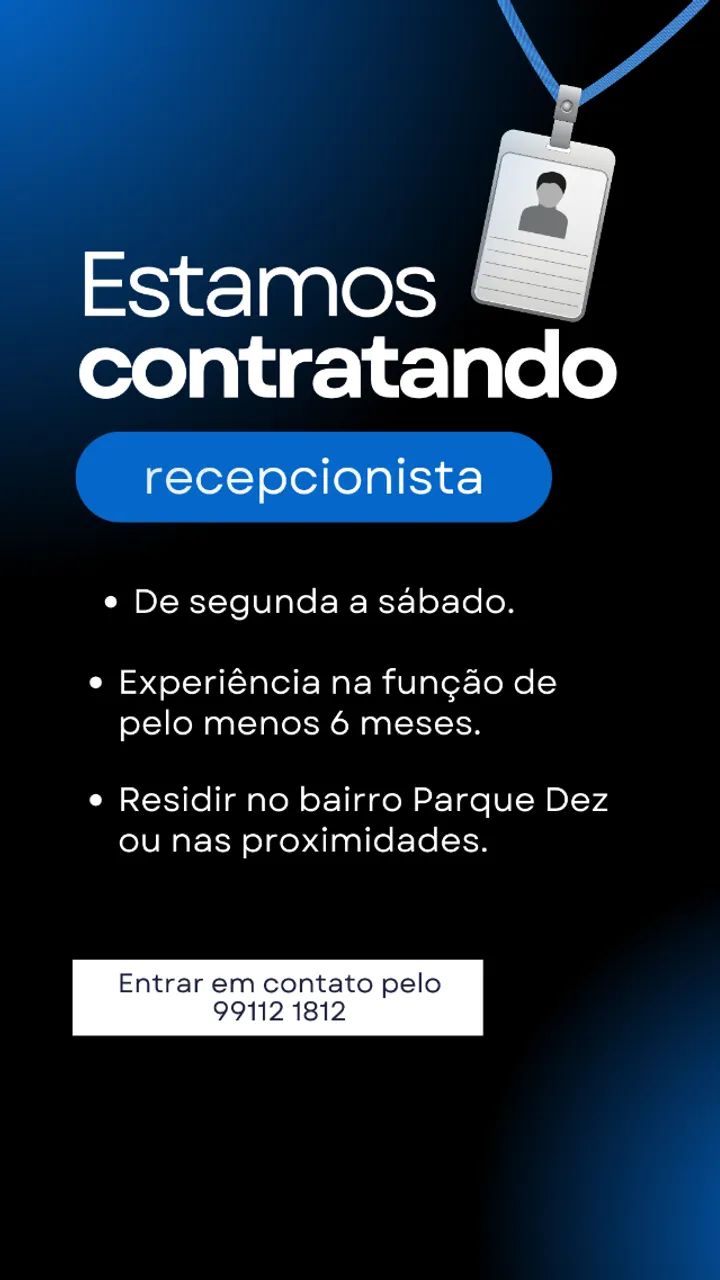 VAGA PARA RECEPCIONISTA MEIO PERÍODO