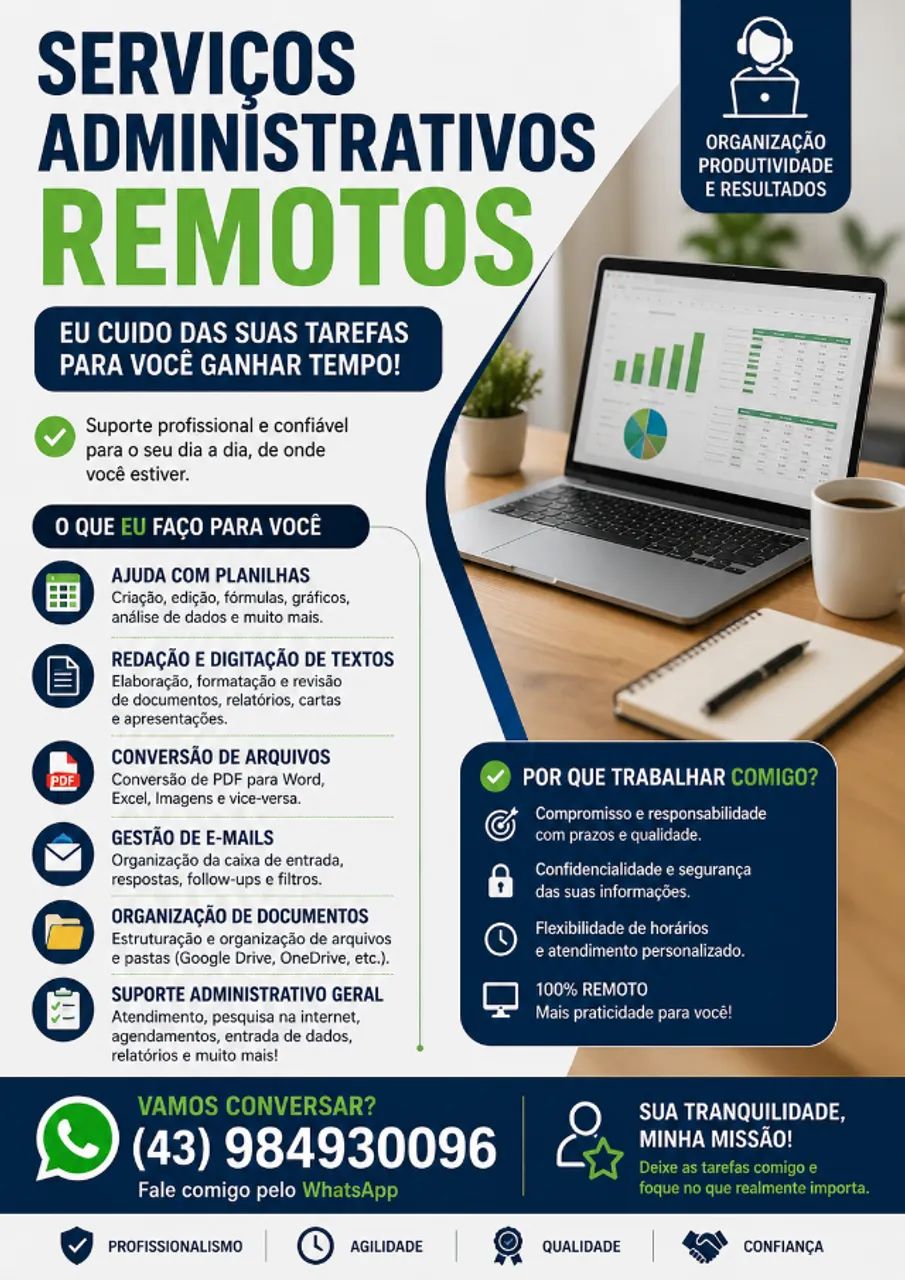 Serviços Administrativos Remotos | Planilhas, PDFs, Textos e E-mails