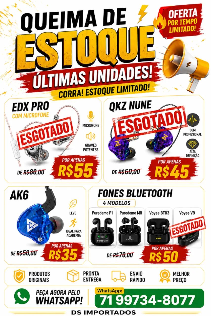 Fones de Ouvido, com Cabo e Bluetooth - Queima de Estoque