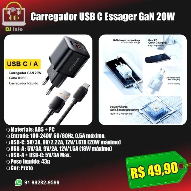 Carregador USB C Essager GaN 20W