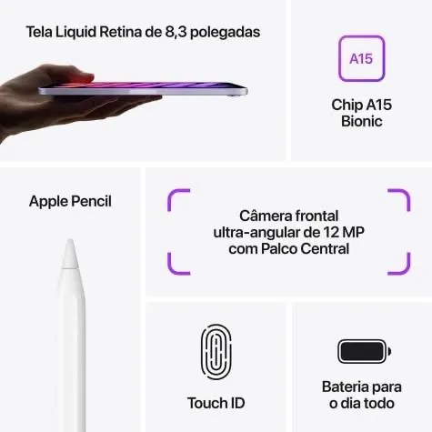 iPad Mini 6 - Tela Liquid Retina, Chip A15 Bionic 256 gb + caneta