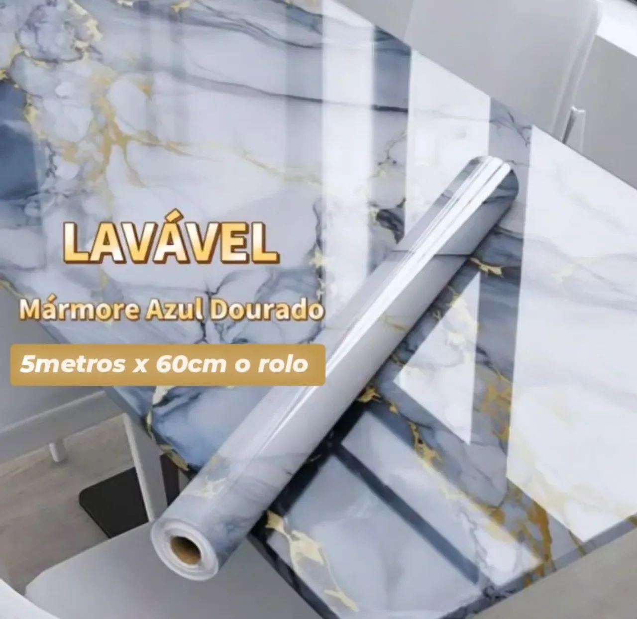 Papel de Parede Adesivo Mármore Azul Dourado 