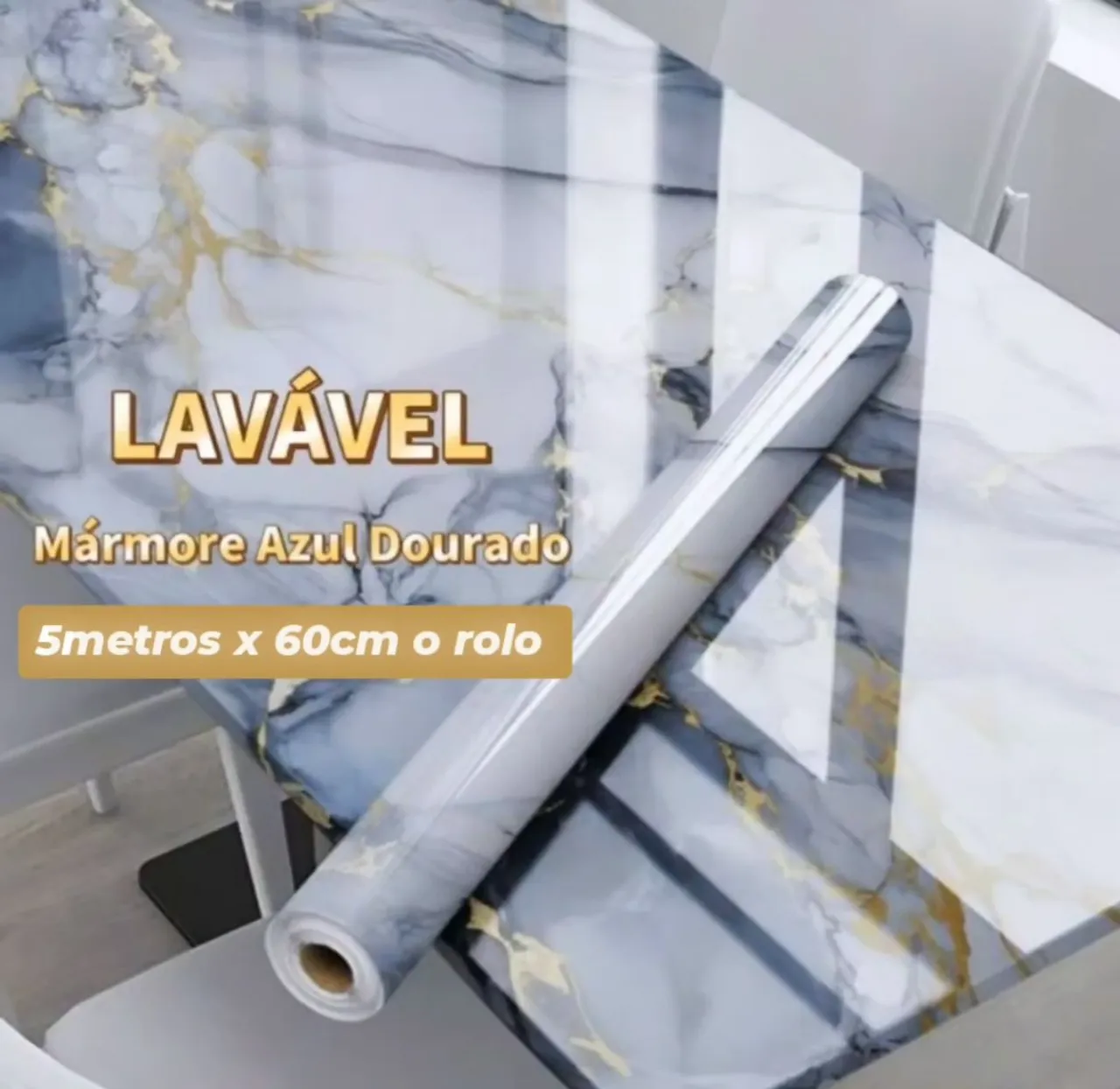 Papel de Parede Adesivo Mármore Azul Dourado