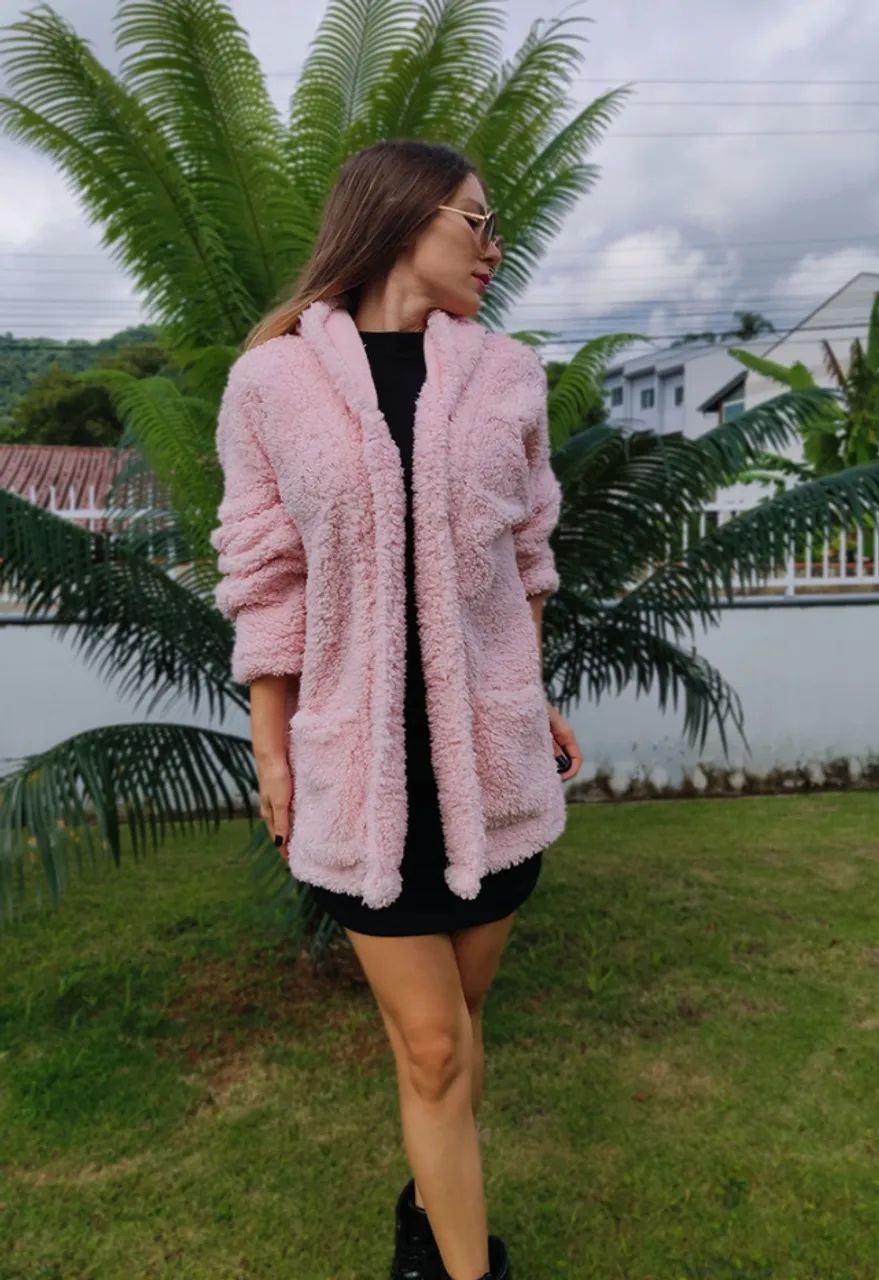 sobretudo feminino casaco teddy rosa - Foto 2