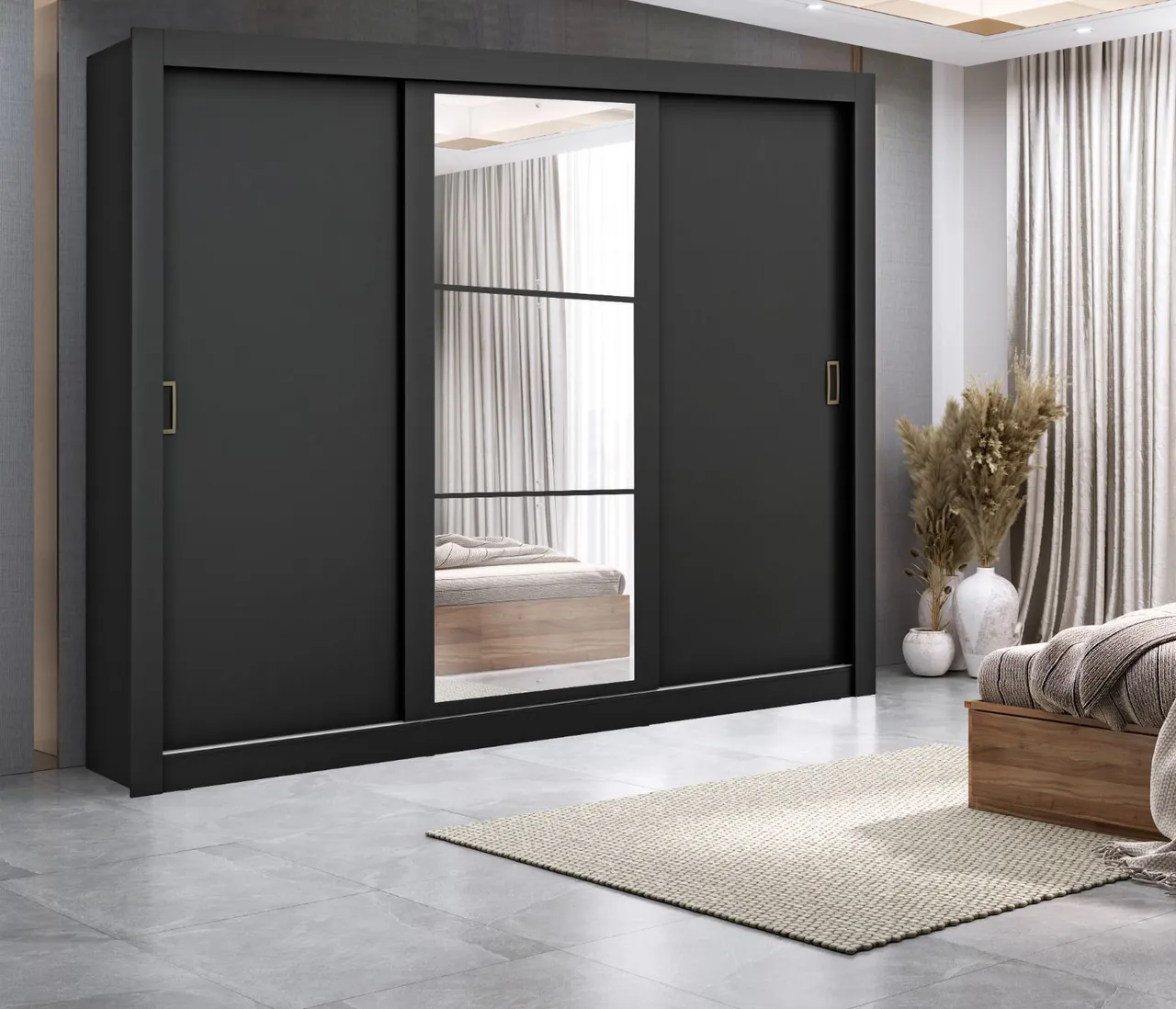 Guarda-Roupa de Cor Deslizante Preto com Espelho