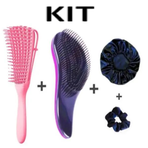 Kit 2 Escovas de Cabelo + Touca de Cetim + Pompom z328