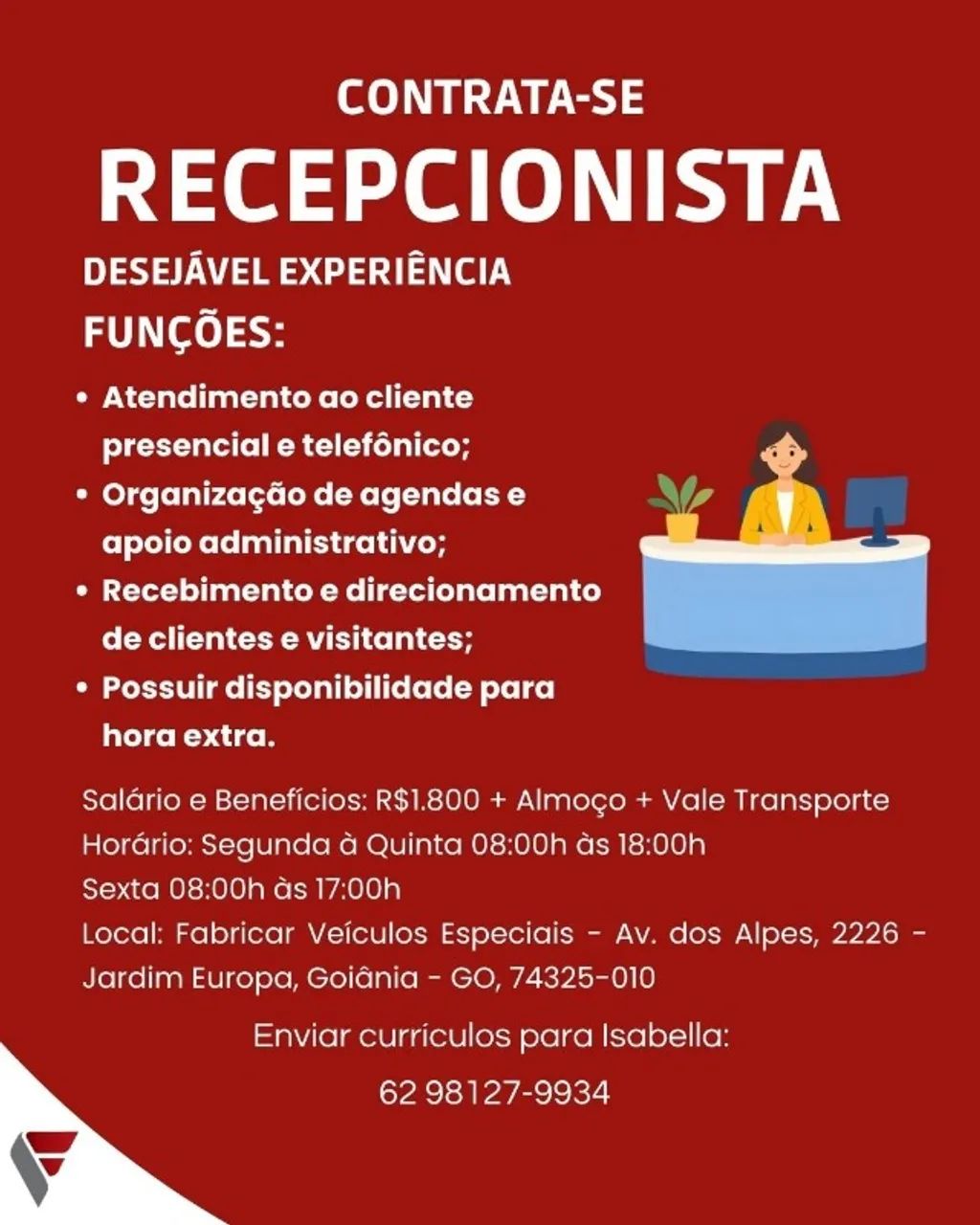 CONTRATA-SE RECEPCIONISTA