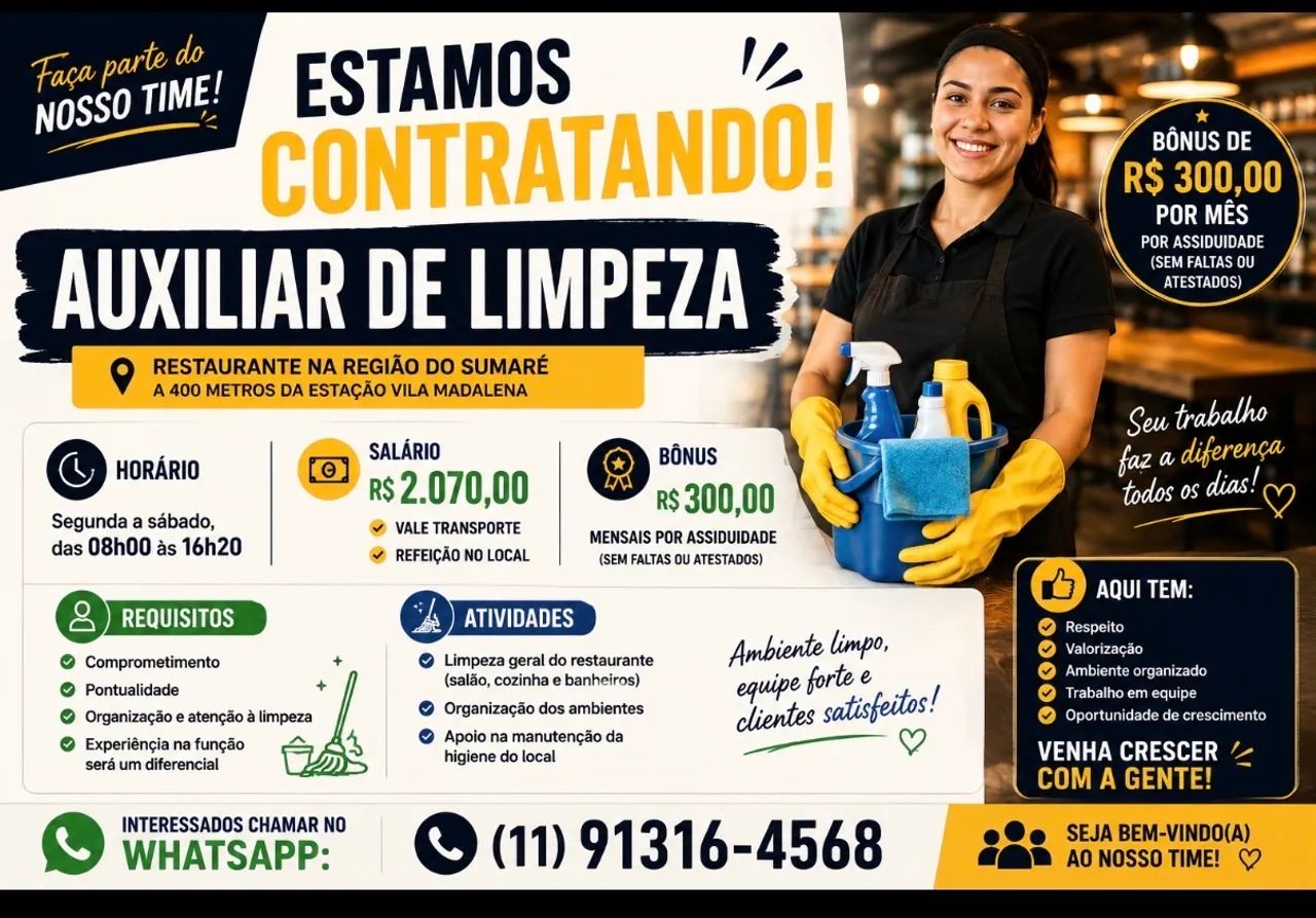 Aux de limpeza 2370 R$ estamos contratando / vaga de emprego