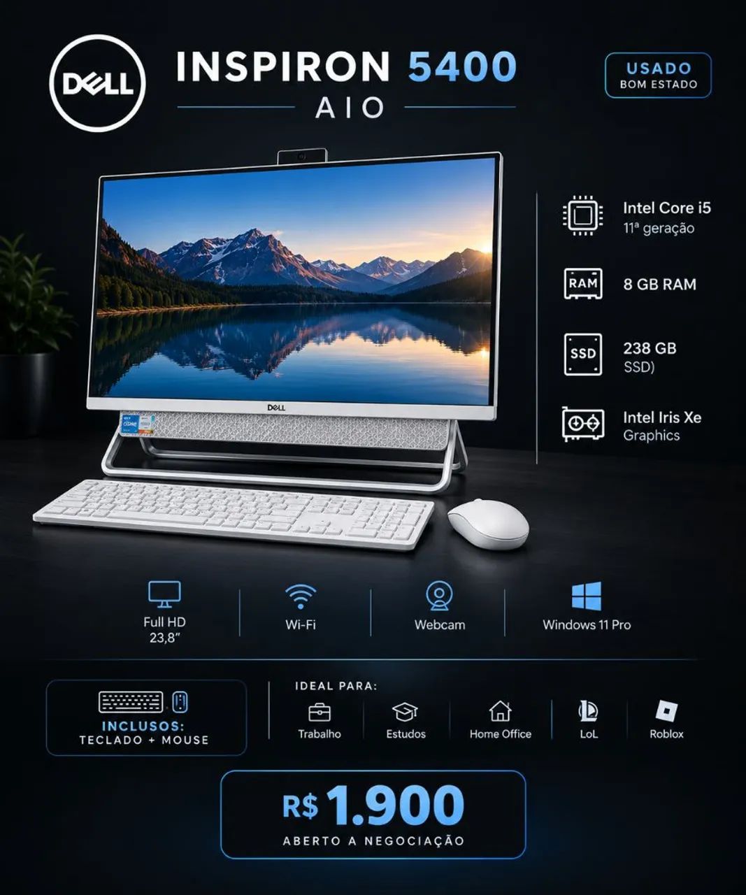 Windowsデスクトップ Dell Inspiron24 5400 AIO i5 11th 256G+1T Dell Inspiron 5400 All-in-One i5 11ª Geração ? 8GB RAM ? SSD 256GB