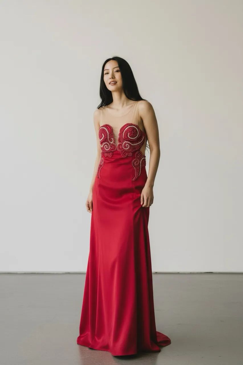 Vestido vermelho e branco com detalhes perolados