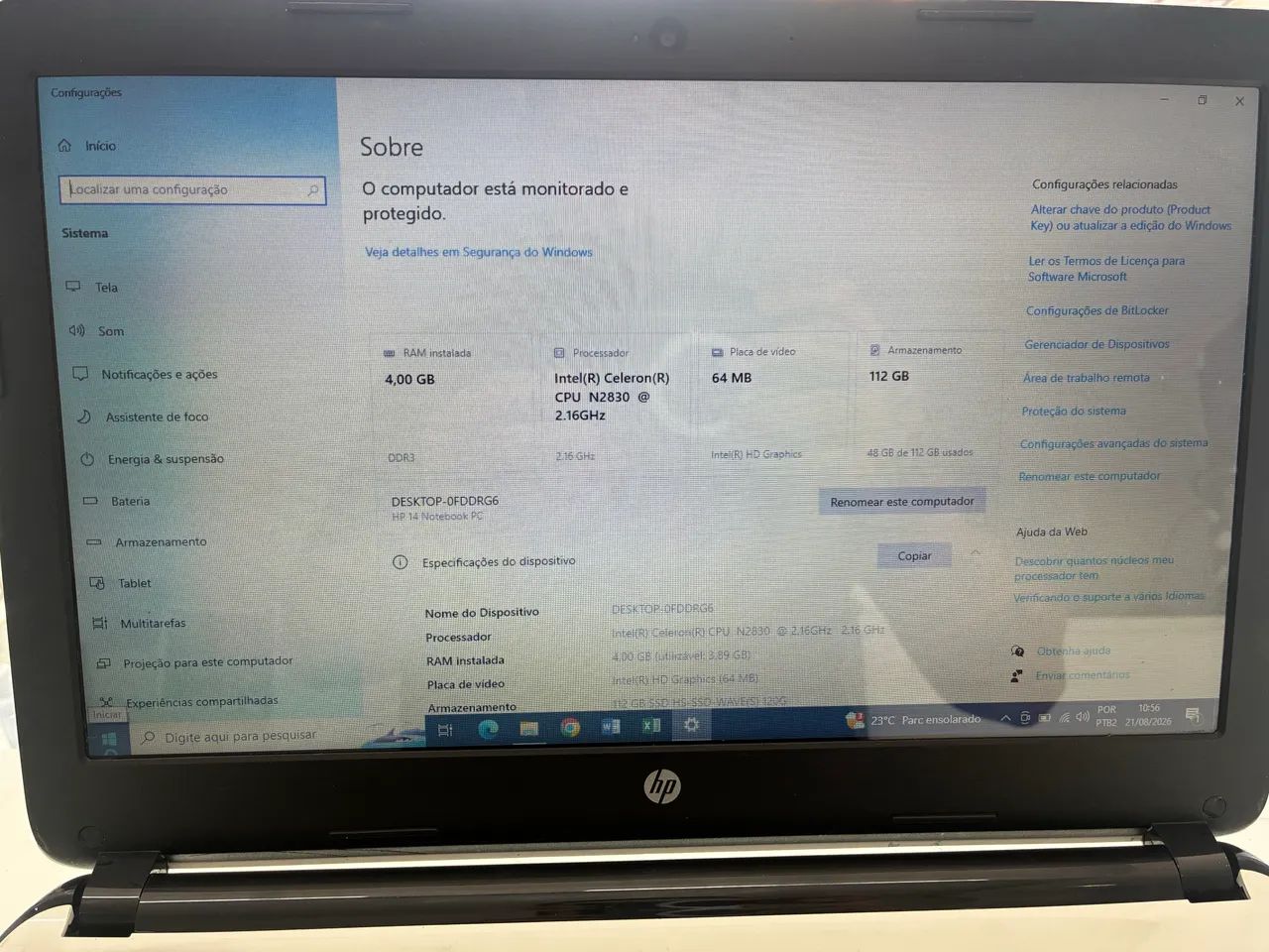 Notebook HP 14 Celeron 4GB SSD 120GB Windows 10 - Foto 2