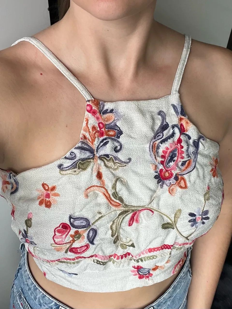 Cropped Floral Estampado com Babado - Tam. P