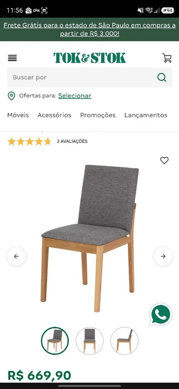 Conjunto 8 Cadeiras Tok&Stok - Madeira e Estofado Cinza - Foto 4