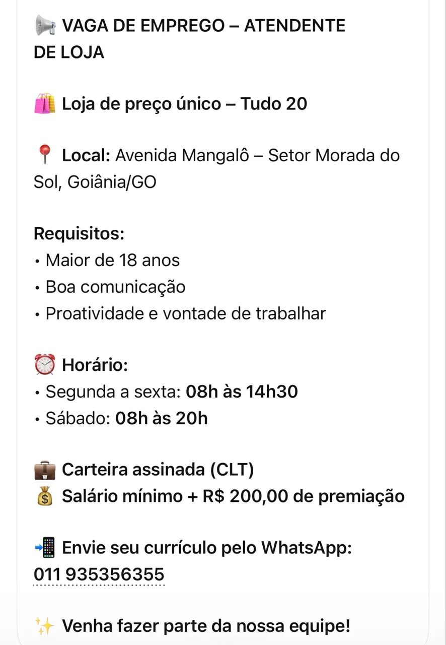 Vaga atendente de loja matutino 