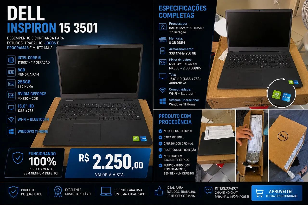Notebook Dell inspiron 15 3501 GeForce MX330 até 18x 