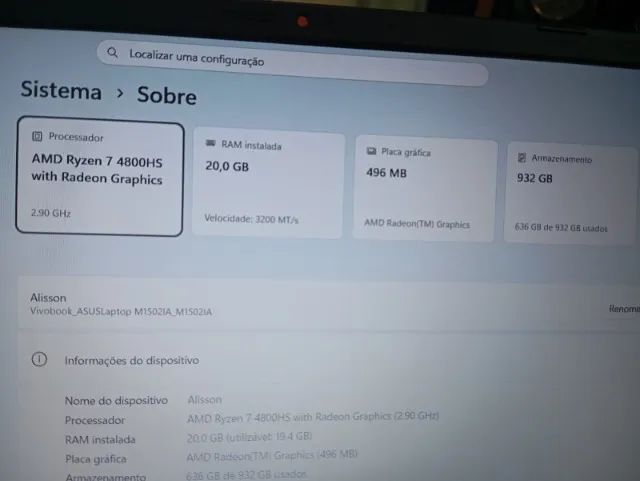 Notebook Asus, Ryzen 7 com 20GB de memoria ram - Foto 2