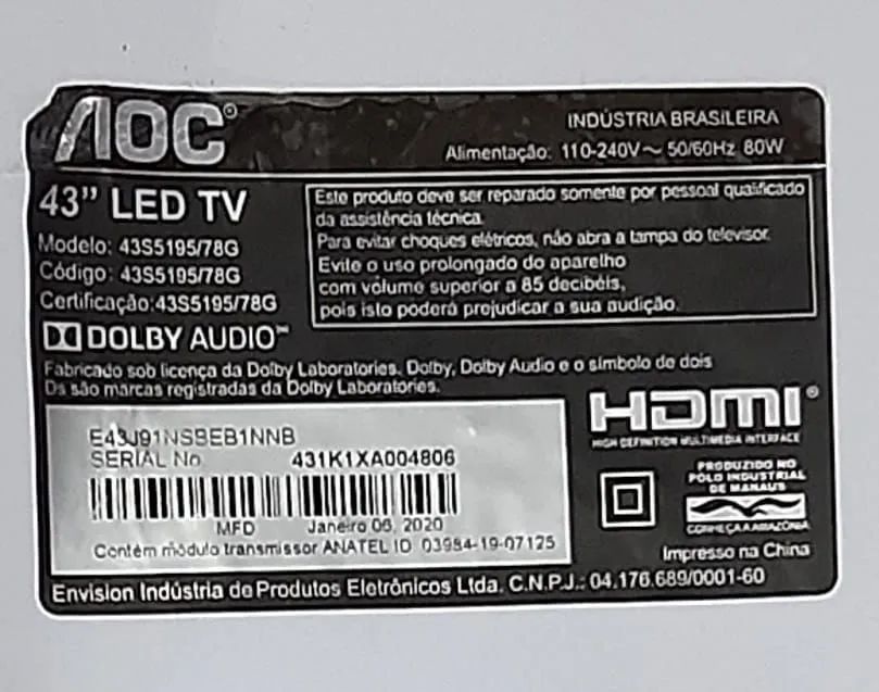 Placa de sinal da tv AOC 43s5195/78g - Foto 5