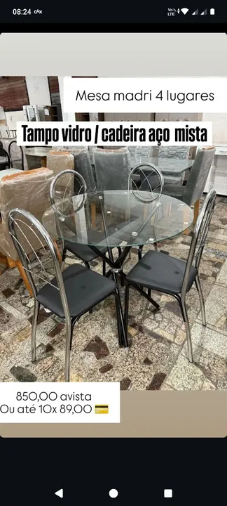 Mesa de Jantar Madri 4 Lugares - Tampo de Vidro e Cadeiras de Aço