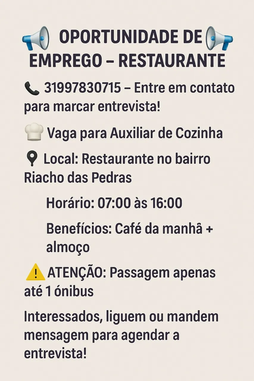 VAGA EMPREGO AUXILIAR COZINHA CONTAGEM- MG