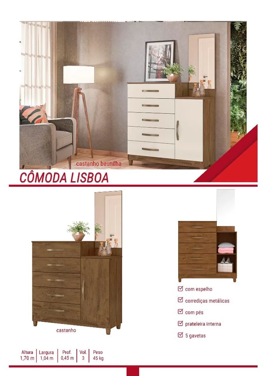 Cômoda Lisboa com Espelho e Gavetas