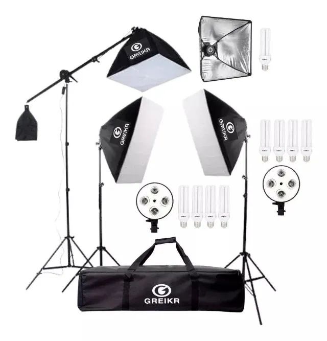 Kit Iluminação Estúdio Profissional 3 Softbox Suporte Girafa Completo Greika 110v