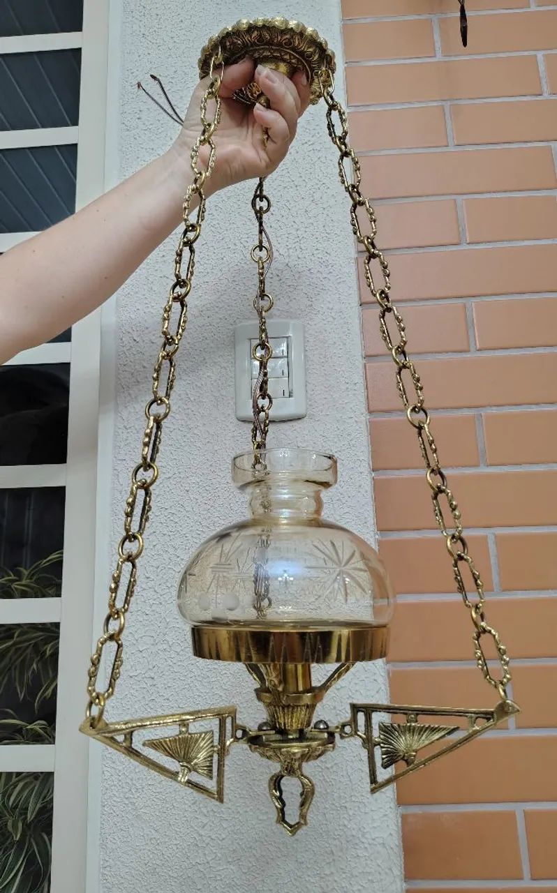 Antique chandelier in solid bronze with amber dome featuring carved details64728678176643121