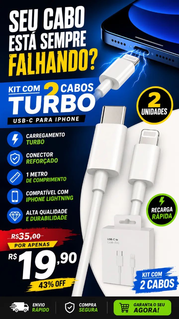 Kit 2 Cabos USB-C para Lightning iPhone Carregamento Rápido