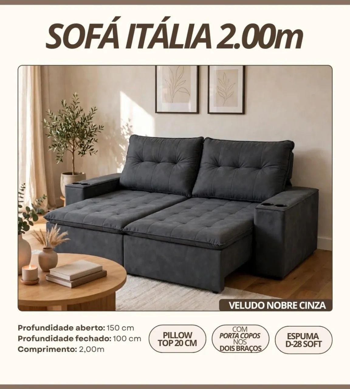 Sofá italia 2,0m Retratil/reclinável 