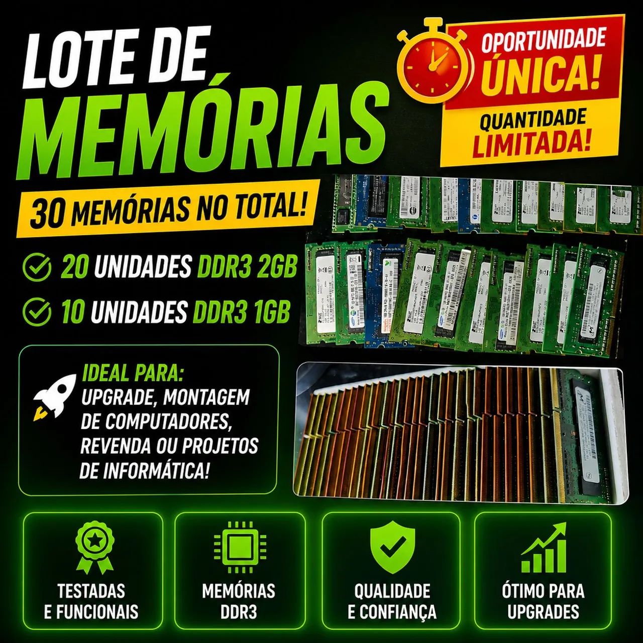 Lote 30 Memórias Notebook DDR3 - 2GB e 1GB