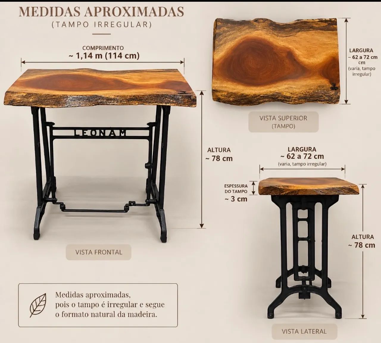 Mesa Vintage em Madeira Maciça com Base de Ferro Fundido - Altamente Versátil - Foto 2