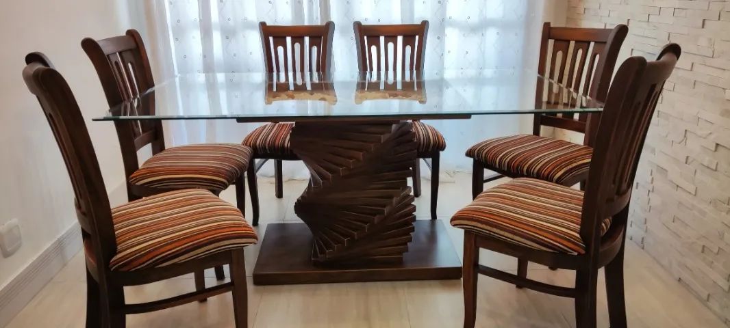 Mesa de Jantar Retangular 6 Lugares - Madeira Maciça e Vidro Bisotê - Foto 2
