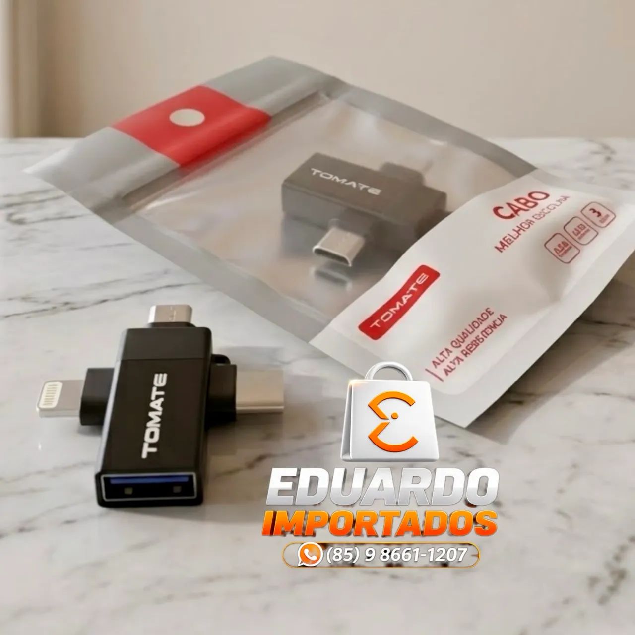 Adaptador OTG Universal 3 em 1 Tomate - USB / Tipo-C / Lightning iPhone/ Micro-USB V8