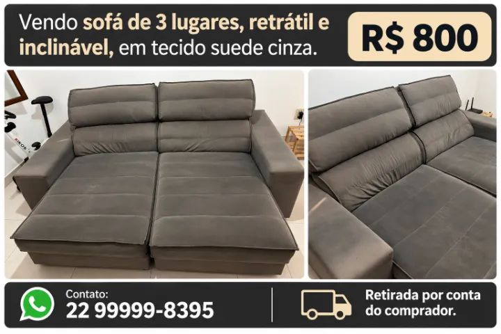 Sofá 3 lugares retrátil e inclinável em suede cinza
