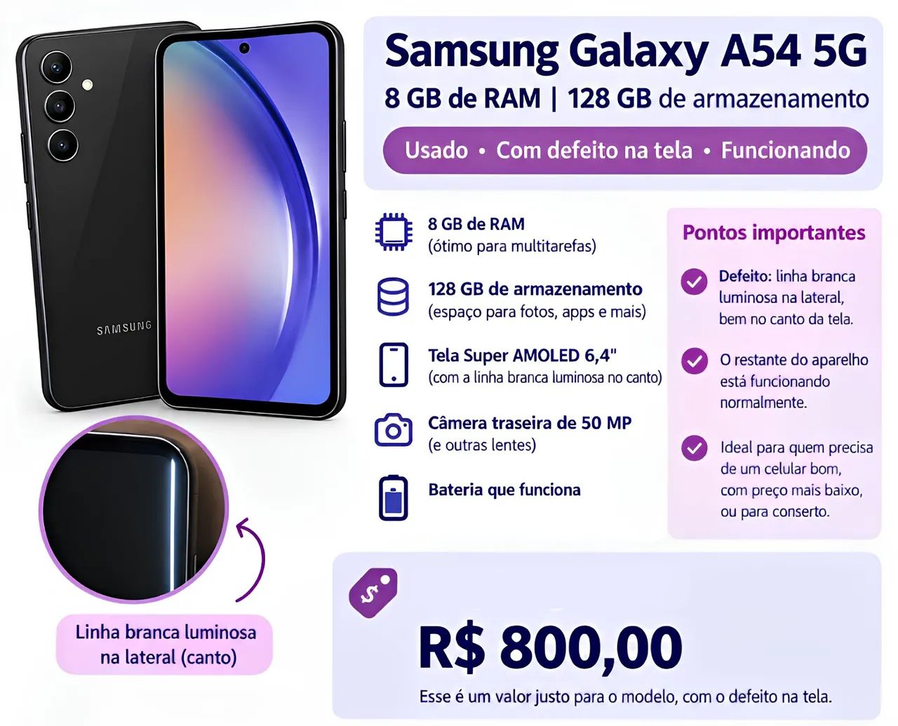 Galaxy A54 5G com avaria na tela