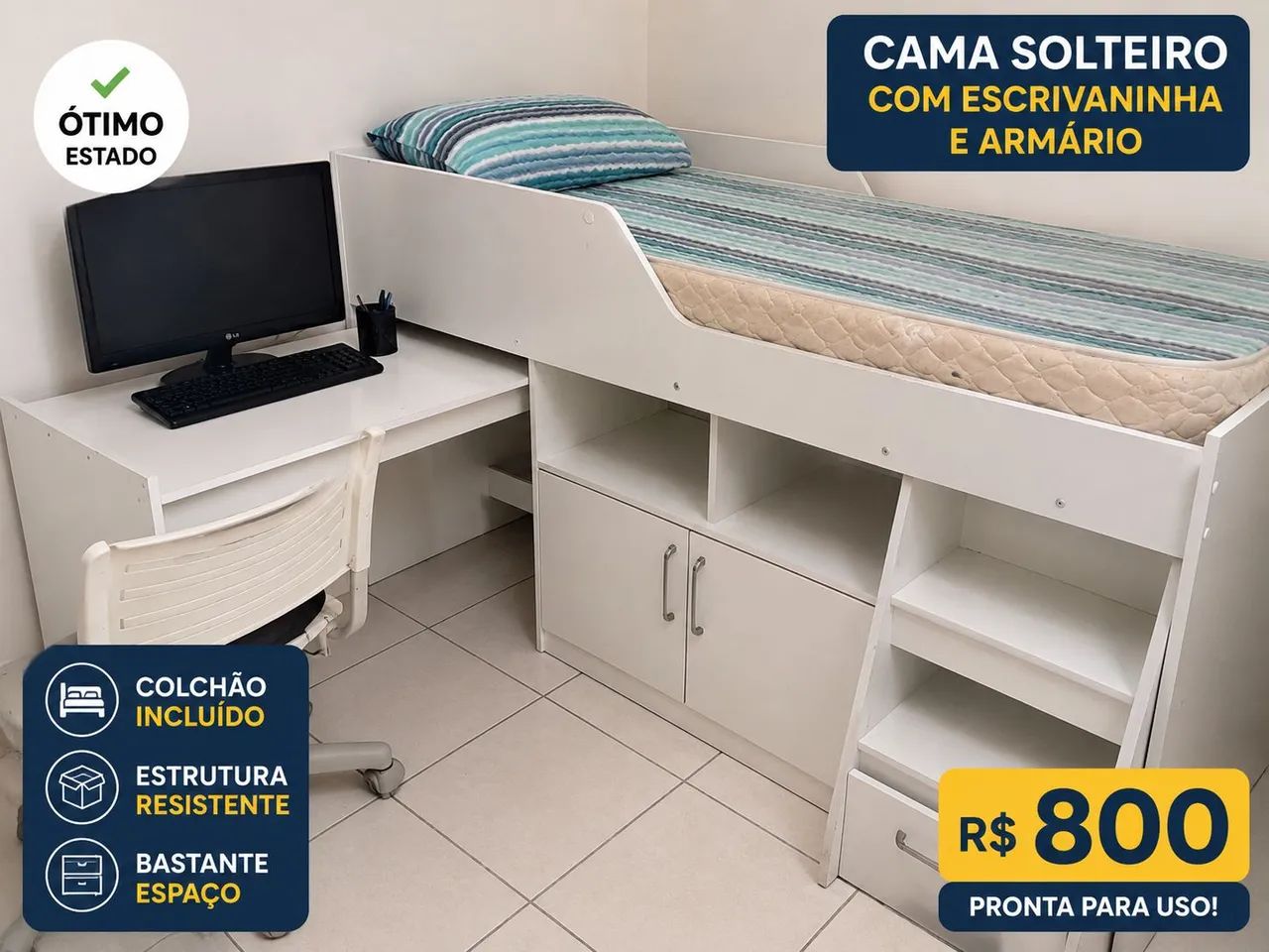 CAMA SOLTEIRO COM ESCRIVANINHA E ARMÁRIO