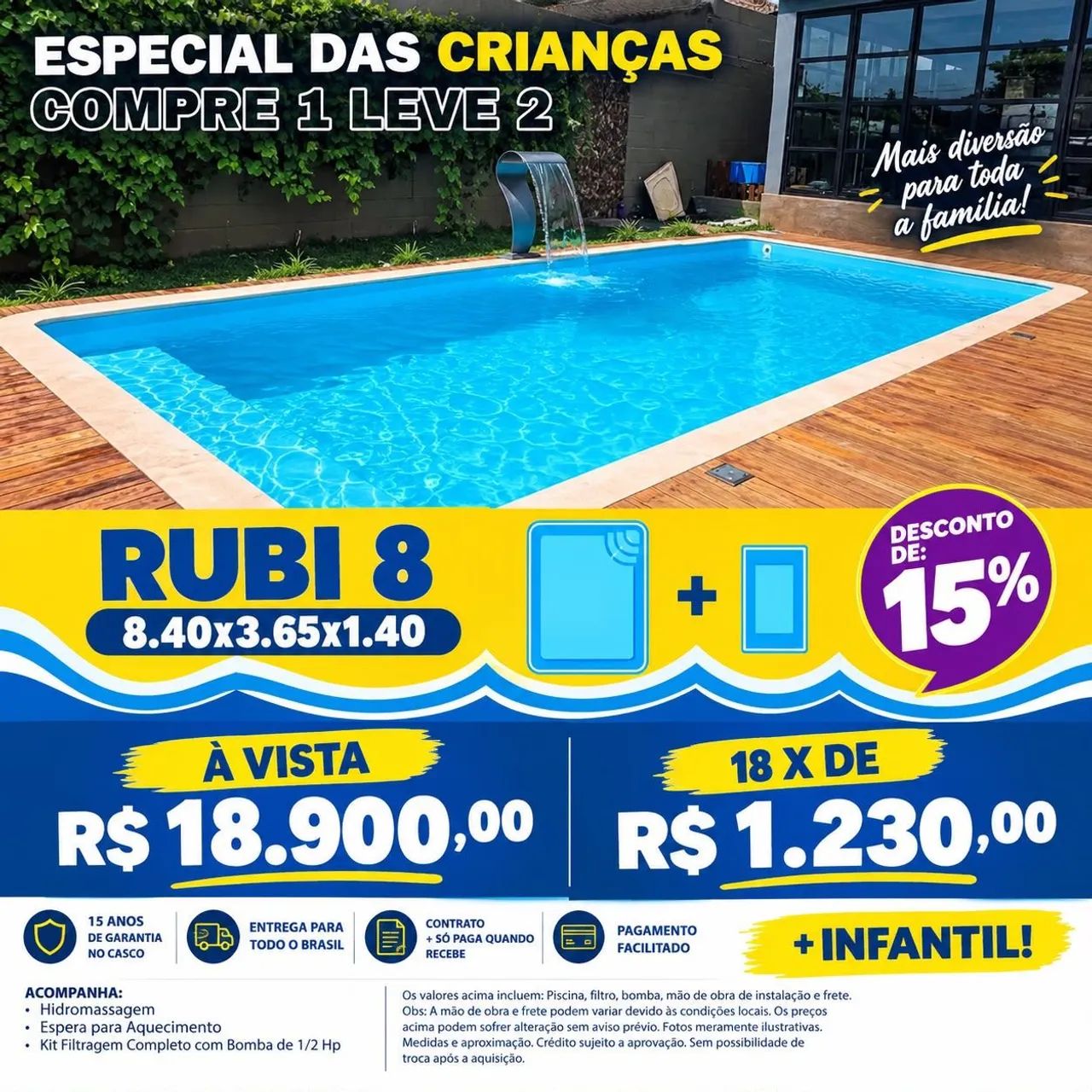 Piscina de fibra 8 m com infantil de brinde retangular!!!