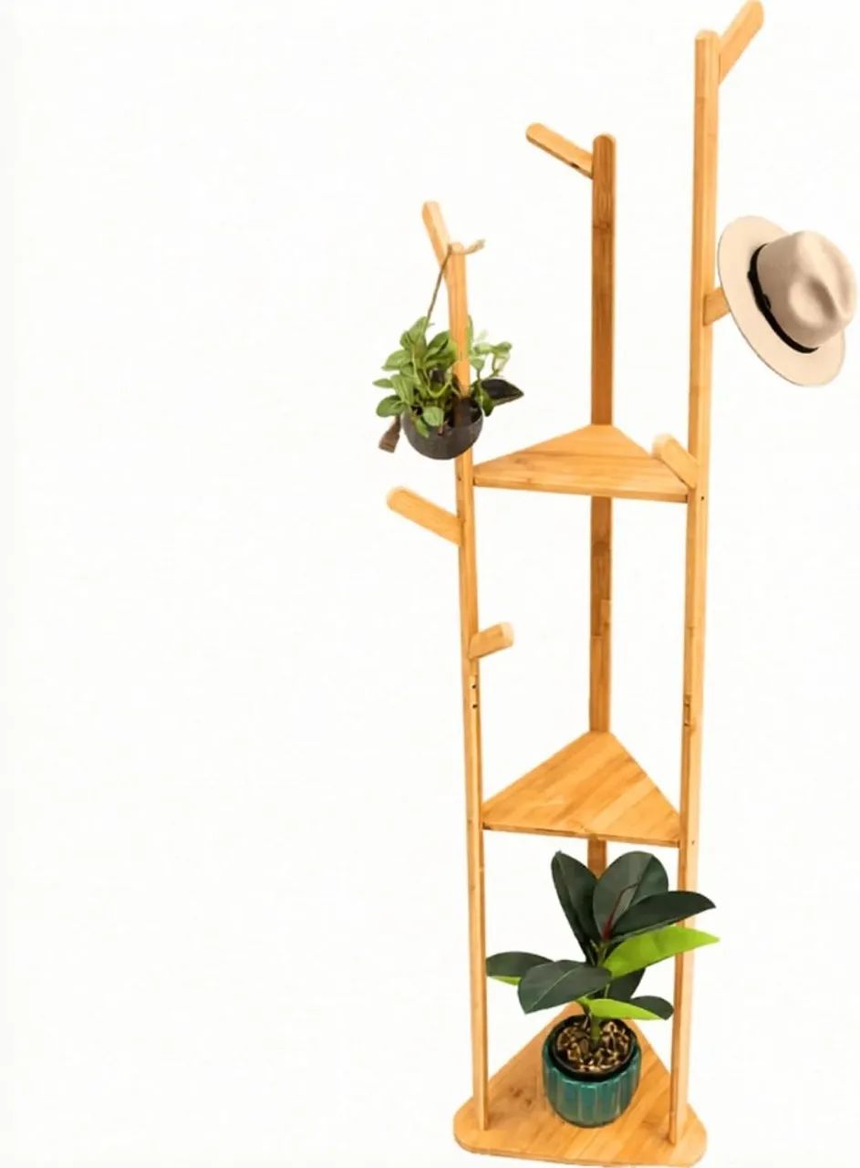 Cabideiro Mancebo de Chão em Bambu 168cm com Prateleiras