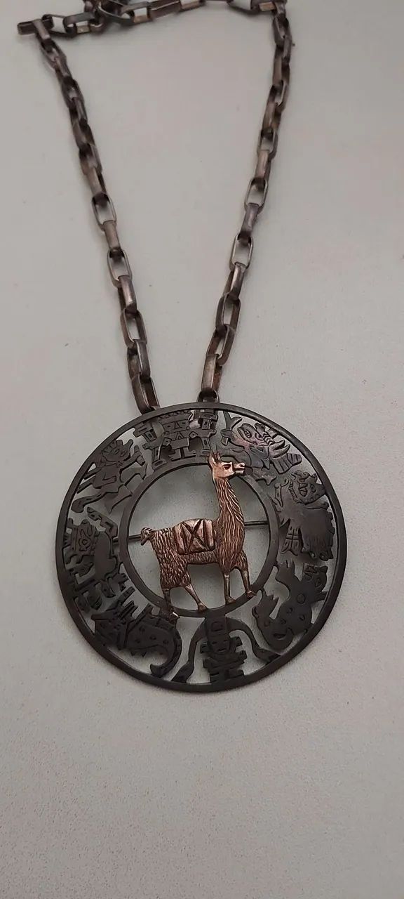 Jóia Peruana Vintage - prata 925 - colar + medalhão/broche  - Foto 2