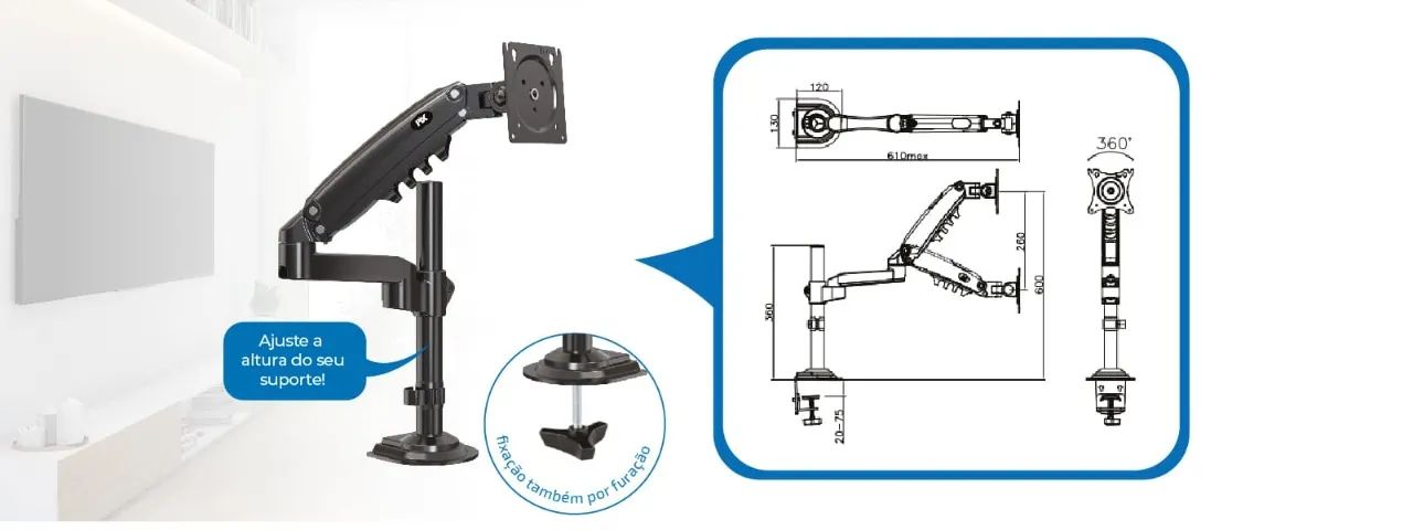 Suporte Monitor Ajustável 17'a 35' Com Pistão a Gás Preto Pix PX-H80 - Foto 5