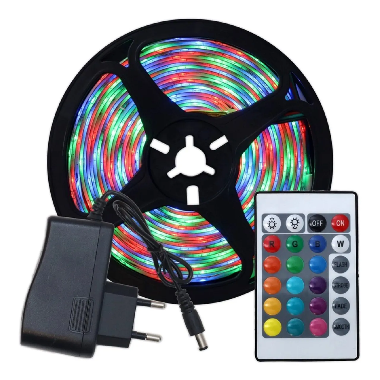 Fita LED RGB colorida com fonte e Controle Remoto 5 Metros