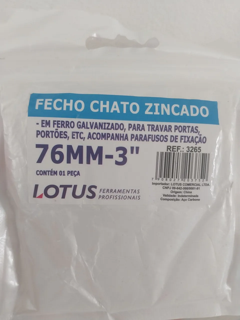 Fecho Chato Zincado 76mm - Trava para Portas e Portões