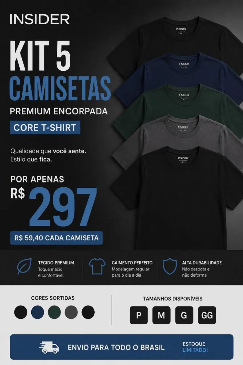 Kit Insider 5 camisetas premium encorpada